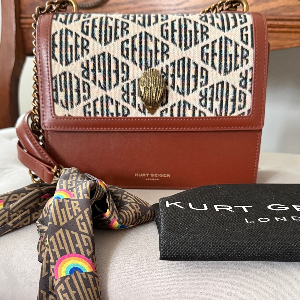 Kurt Geiger Tan & Ivory Logo-Print Leather Shoulder Bag